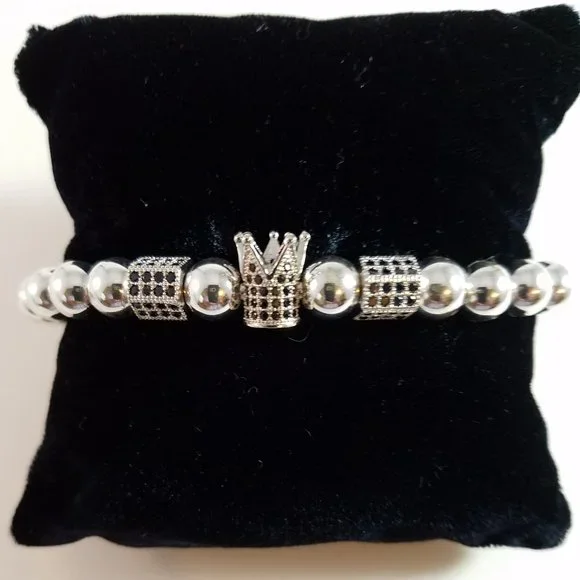 “SOLD” Hand Crafted Steel and Pave Beaded Stretch Bracelet Silver and Black 7.5" - Picture 2 of 6